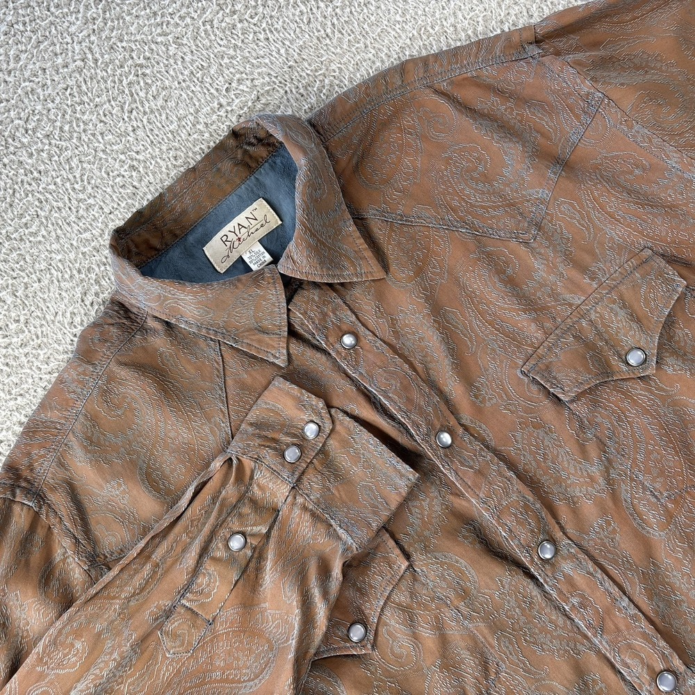 Ryan Michael Pearl Snap Shirt‎ Mens XL Brown Silk Blend Blue Paisley Western